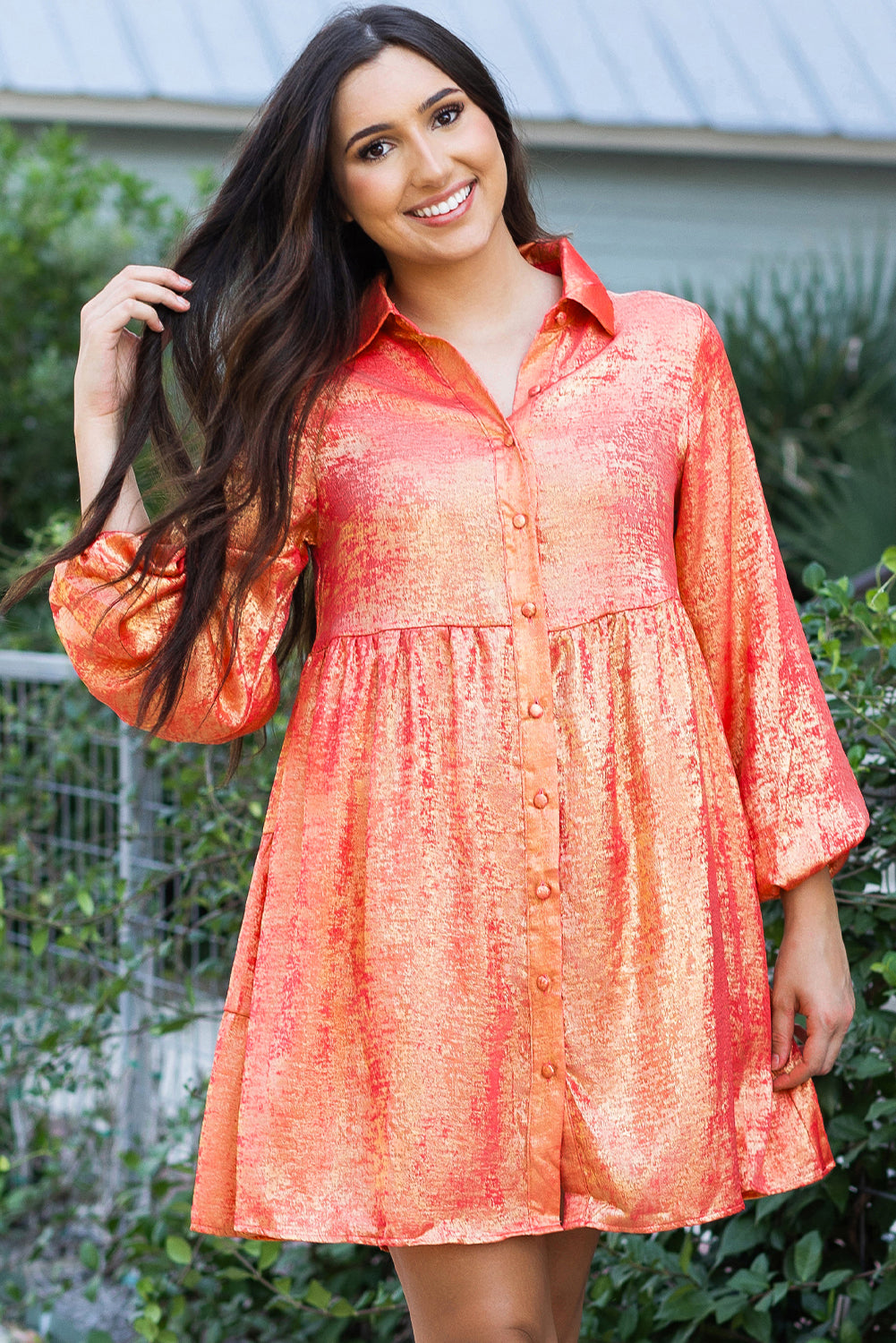 Metallic Sheen Puff Sleeve Button Up Mini Shirt Dress: Peach Blossom