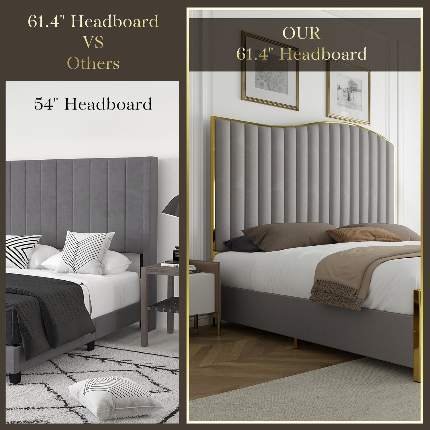[Luxury | Velvet] Gray Luxury Velvet Platform Bed | 61.4&quot; High Headboard, Contemporary Design, Metal Frame