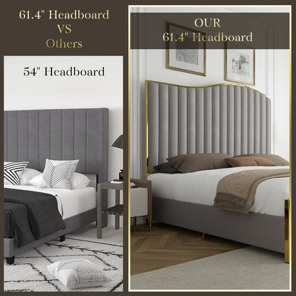 [Luxury | Velvet] Gray Luxury Velvet Platform Bed | 61.4&quot; High Headboard, Contemporary Design, Metal Frame