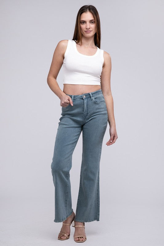 Acid -washed frayed cutoff hem straight wide pants.