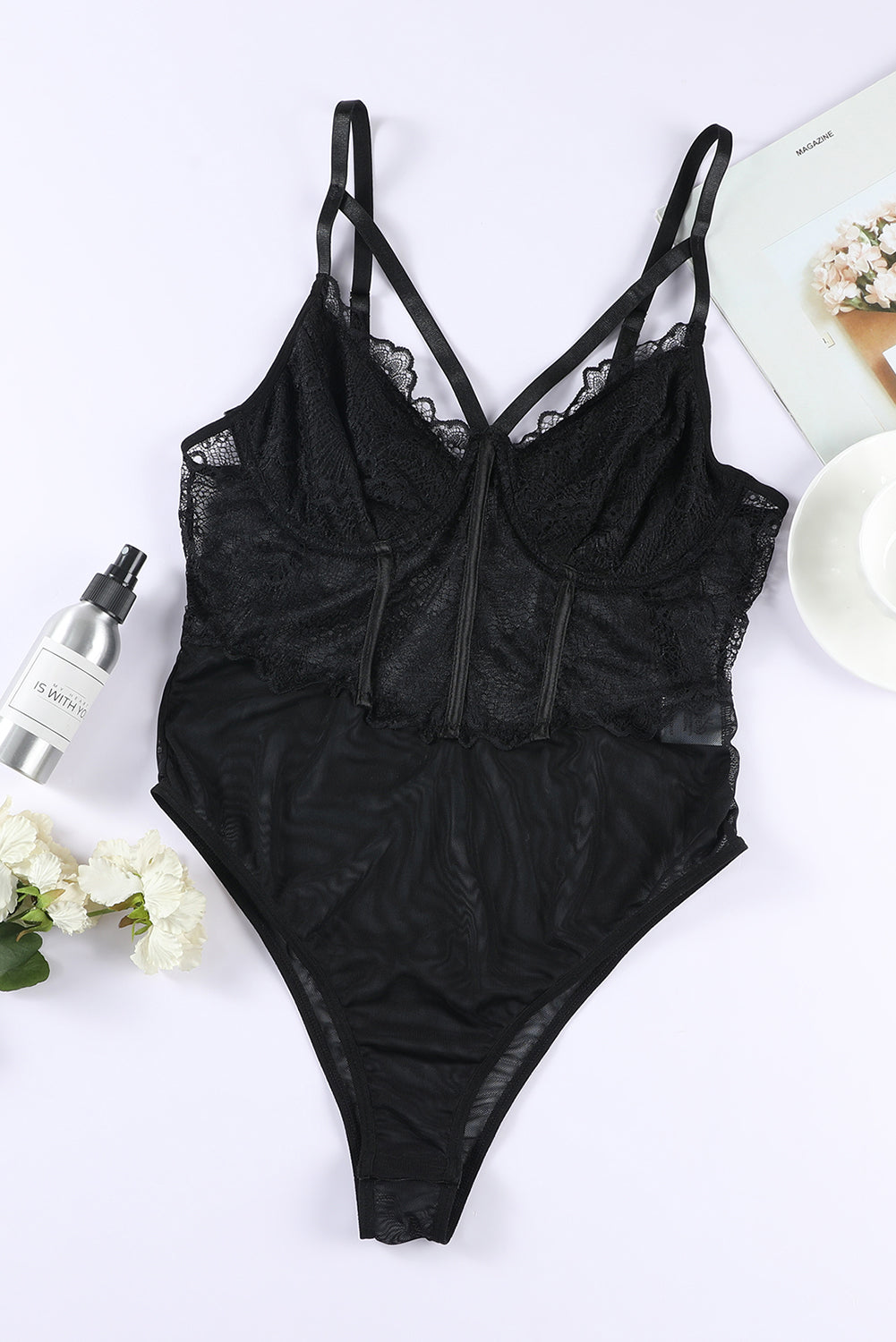 Black Spaghetti Straps Lace Panel Bodysuit