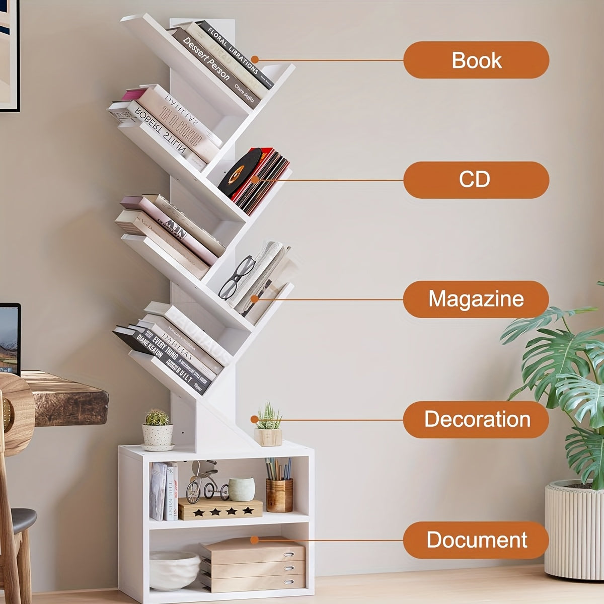 6 Tier Tree Bookshelf, Small Bookcase with Storage Cabinet, Modern Tall Narrow Bookshelves Organizer