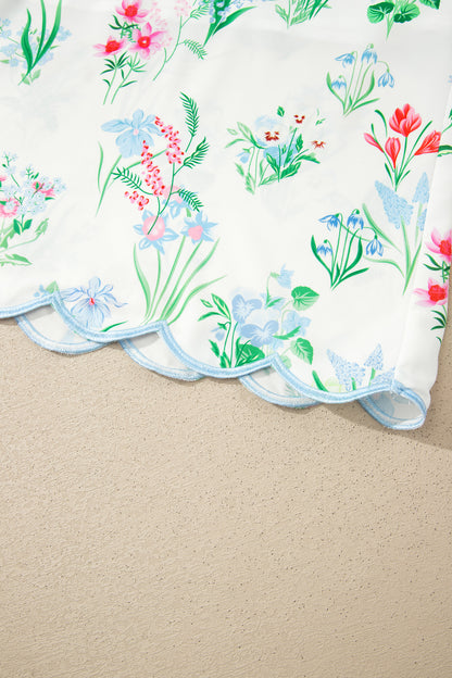 Beige Floral Print Contrast Trim Self-tie Straps High Waist Midi Dress