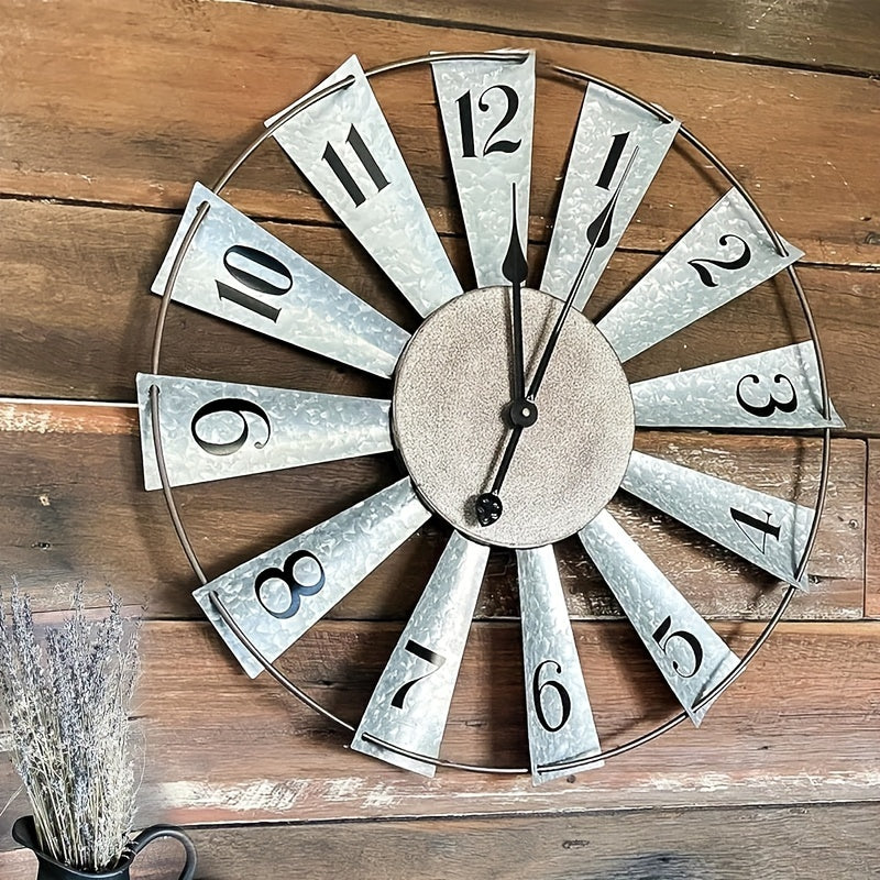 24-Inch Oversized Large Farmhouse Decor Metal Clock - Silent Mechanical Analog Clock With Auto-Shut-Off, Silver Finish, Round Shape, Battery Powered Operation