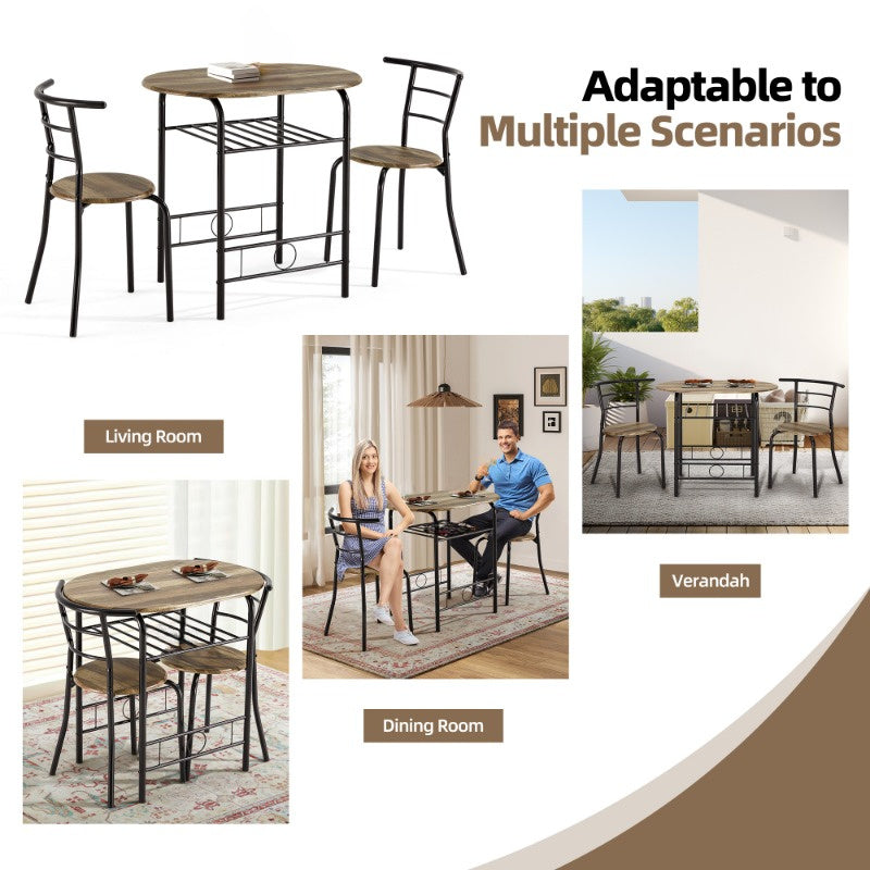 3pcs Dining Table Set for 2, Kitchen Table and Chair Set with Tabletop &amp; PVC Veneer, Compact Dining Table Set with Metal Frame and Built-in Rack, for Small space