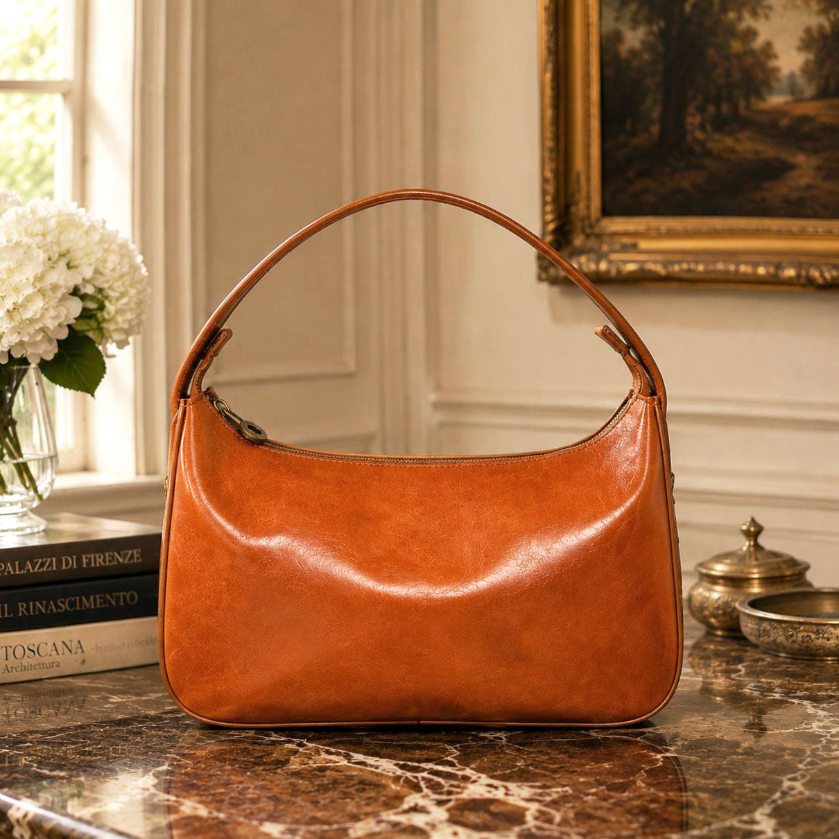 Leonia Hand-Dyed Italian Leather Crescent Hobo Bag - Made In Italy