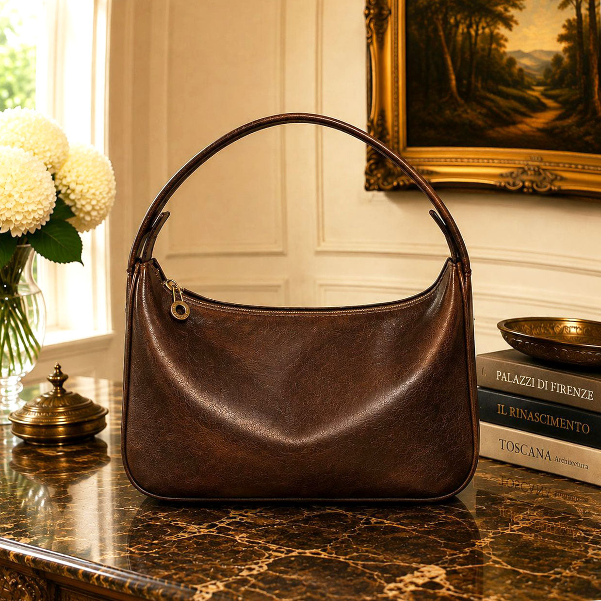 Leonia Hand-Dyed Italian Leather Crescent Hobo Bag - Made In Italy