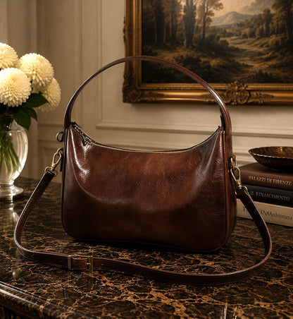 Leonia Hand-Dyed Italian Leather Crescent Hobo Bag - Made In Italy