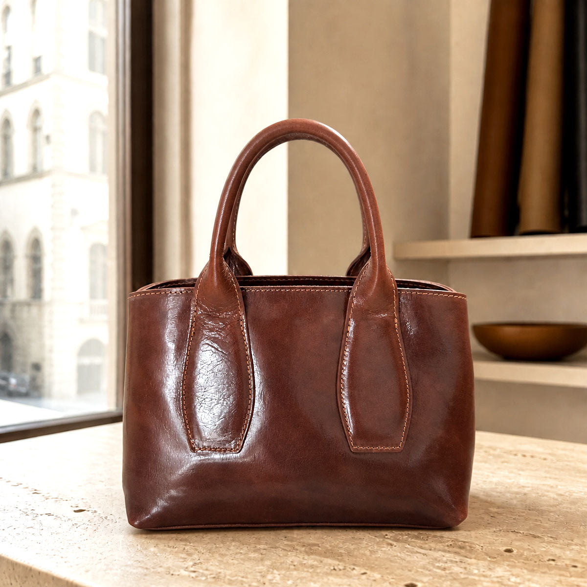 Diletta Compact Leather Satchel Bag - Made In Italy