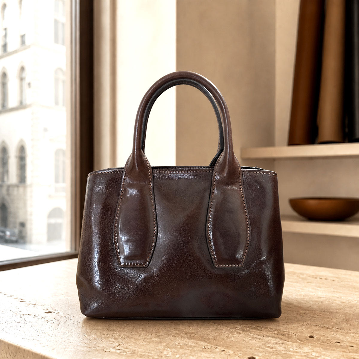 Diletta Compact Leather Satchel Bag - Made In Italy
