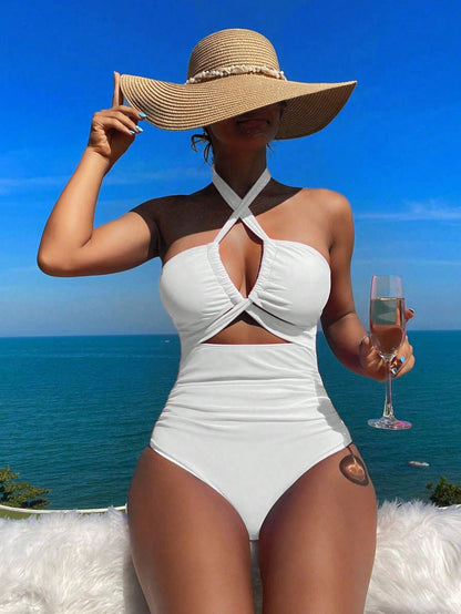 Solid color strap neck one-piece swimsuit