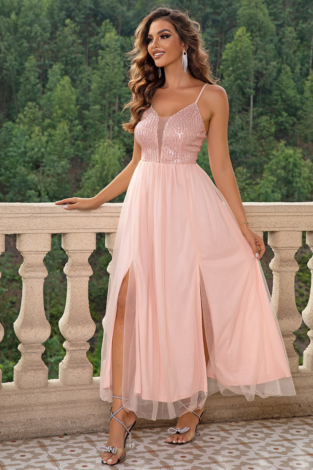 Bridesmaid Spaghetti Strap Slit Mesh Dress