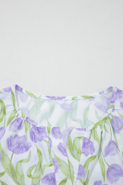 Purple Tulip Floral Print Contrast Trim Midi Dress