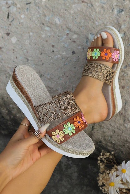 White Floral Print Braided Details Wedge Slippers