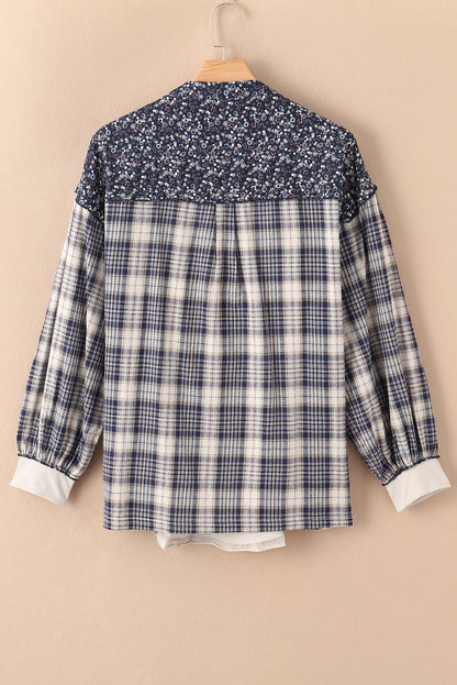 Blue Floral Plaid Mixed Print Bishop Sleeve Patchwork Top