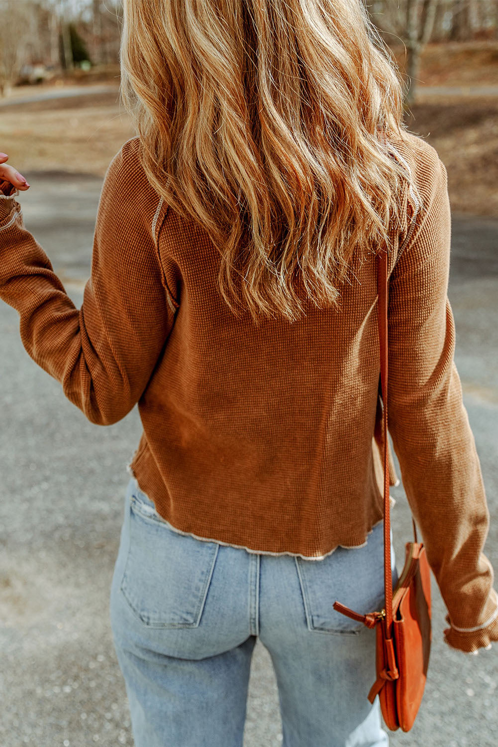 Brown Textured Round Neck Long Sleeve Top