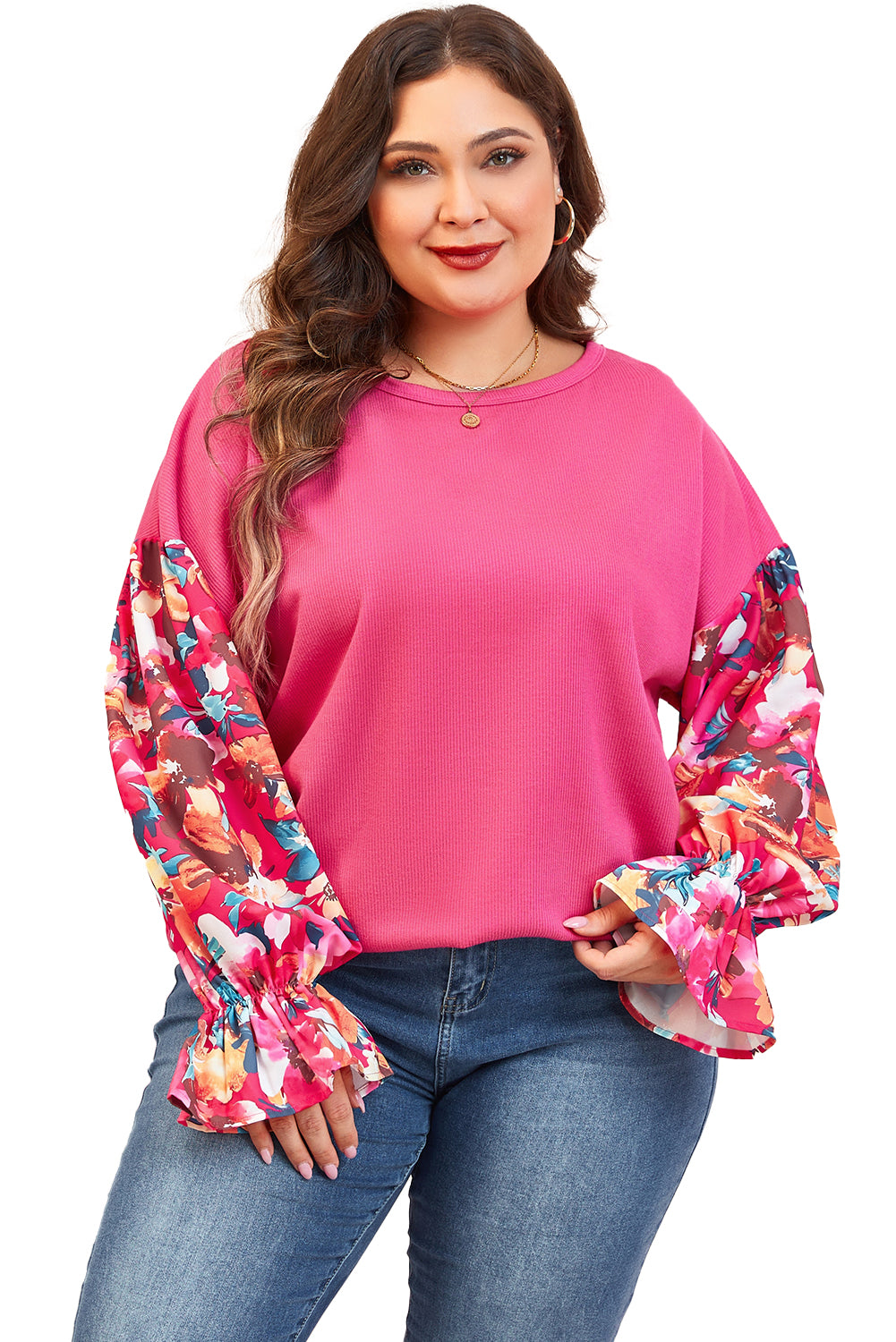 Bright Pink Floral Patchwork Flounce Sleeve Rib Knit Plus Top