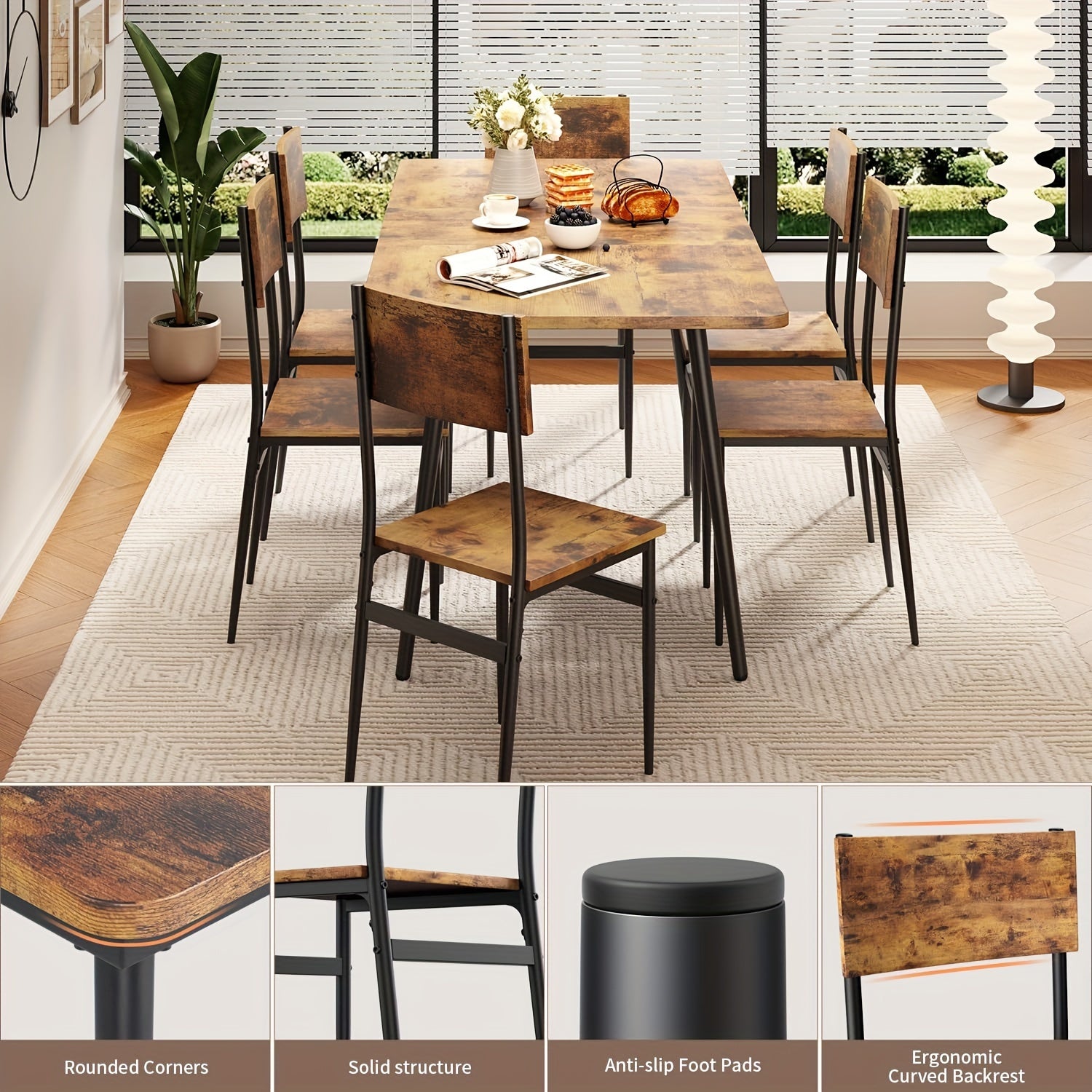 63&quot; Extendable Dining Table Set for 4-6 People, 7pcs Dining Table Set for 6 People with 6 Chairs, MDF Wood Board