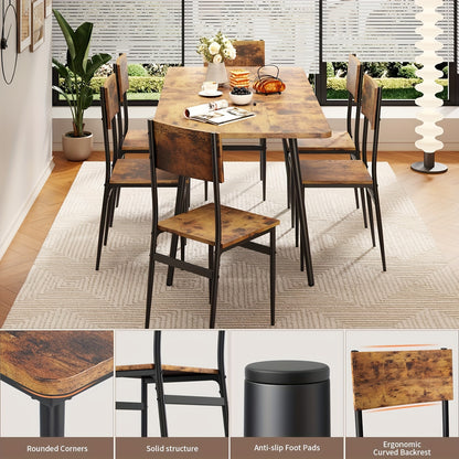 63&quot; Extendable Dining Table Set for 4-6 People, 7pcs Dining Table Set for 6 People with 6 Chairs, MDF Wood Board