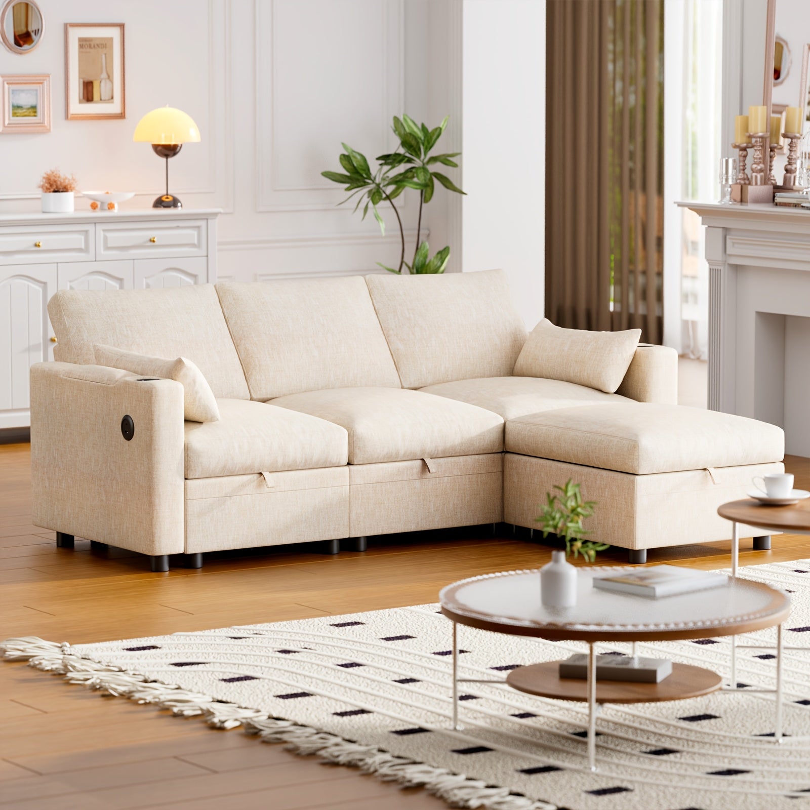 Multi-Seater Fabric Sectional Sofa | Comfortable Sectional Sofa With Storage, Cup Holder, Soft Recliner Combination Sofa For Living Room Or Office, Beige