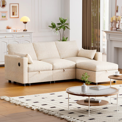 Multi-Seater Fabric Sectional Sofa | Comfortable Sectional Sofa With Storage, Cup Holder, Soft Recliner Combination Sofa For Living Room Or Office, Beige