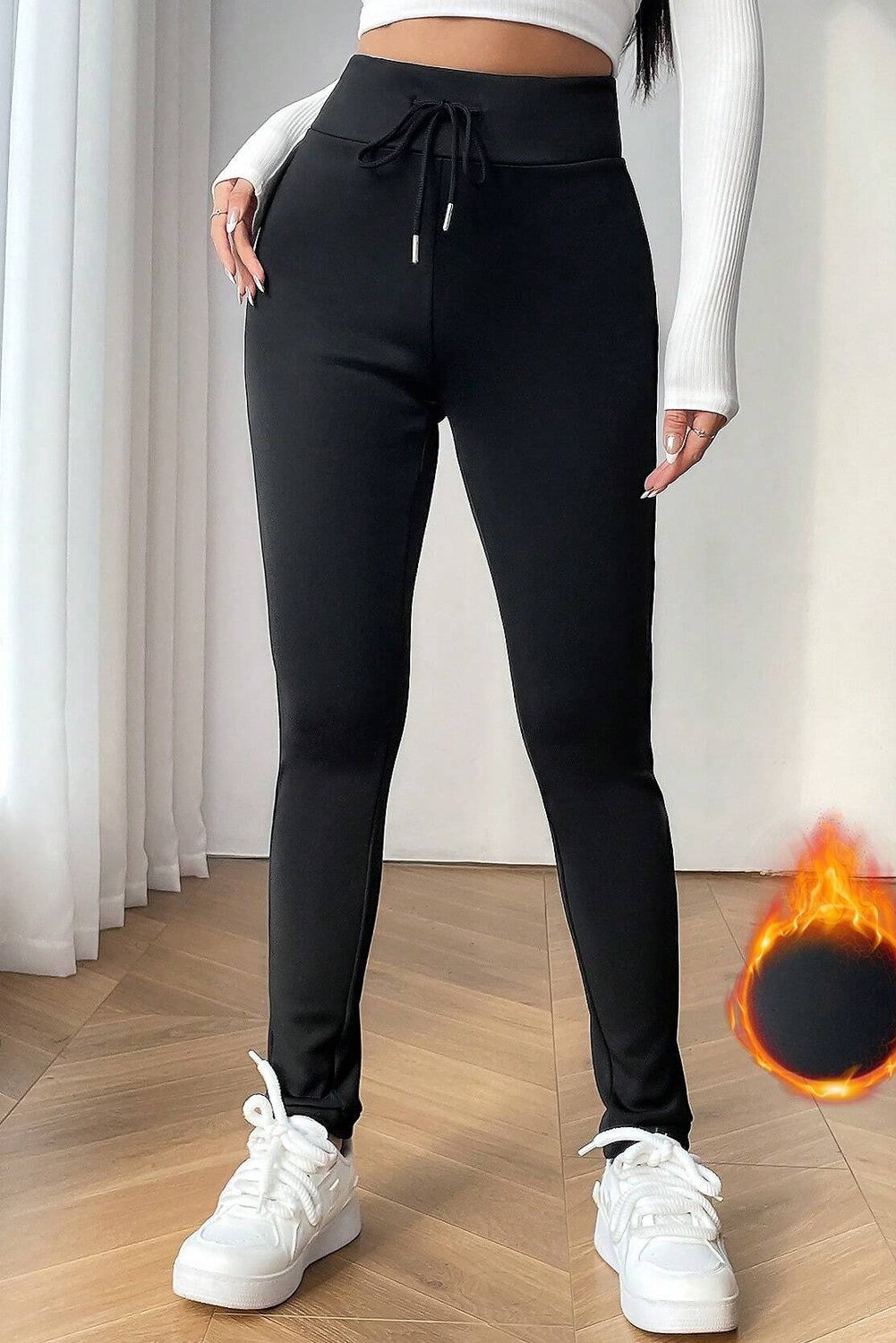 Black Solid Drawstring Waist Thermal Lined Leggings