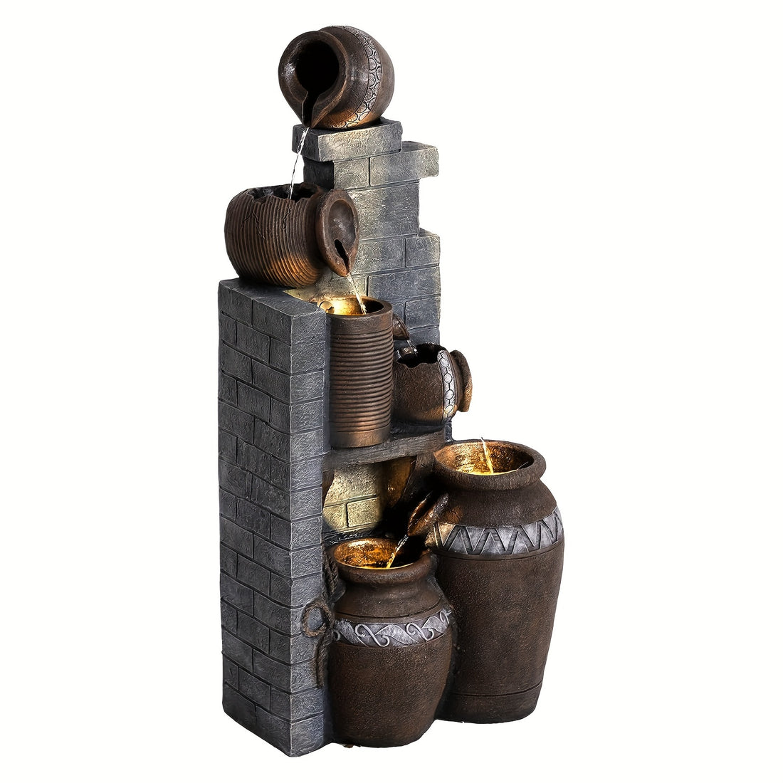 6-Tier Modern Floor-Standing Fountain - Outdoor Water Fountain With LED Lights And Pump - Brick