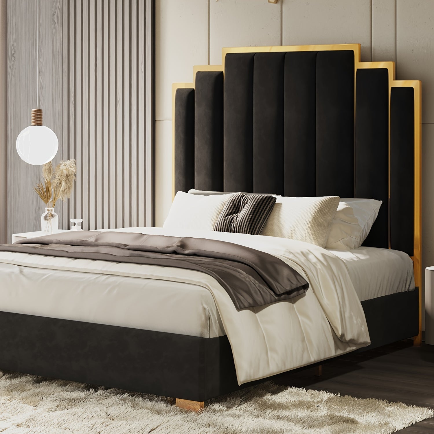 Queen Platform Bed Frame, 61.4&quot;/65&quot; Velvet Upholstered Bed With Gold Trim Headboard/Wooden Slats
