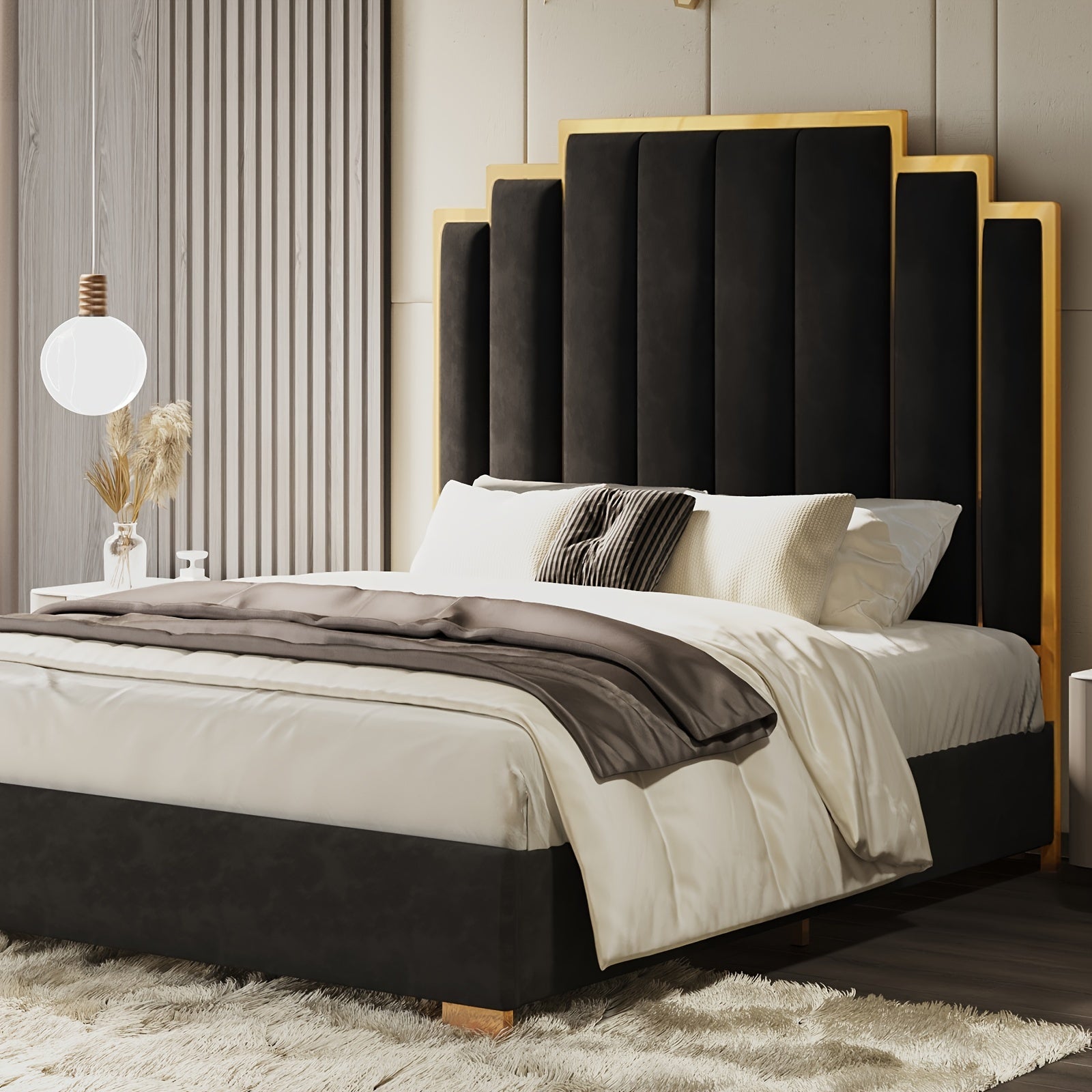 Queen Platform Bed Frame, 61.4&quot;/65&quot; Velvet Upholstered Bed With Gold Trim Headboard/Wooden Slats