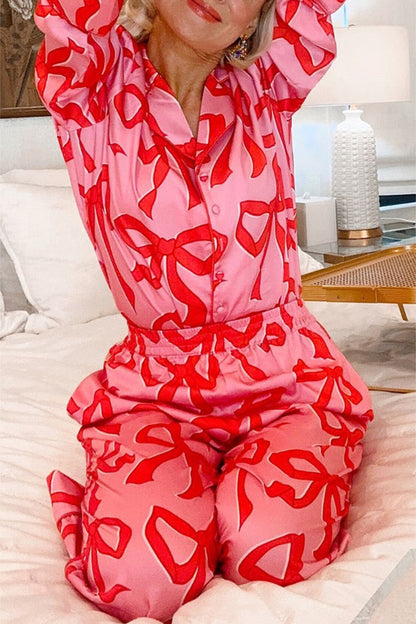 Bow Print Collared Neck Top and Pants Lounge Set