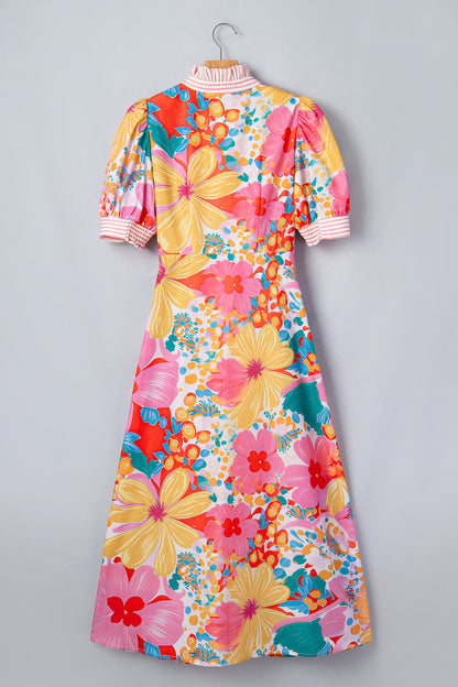 Pink Floral Print Striped Trim Button Down Short Sleeve Vacation Dress