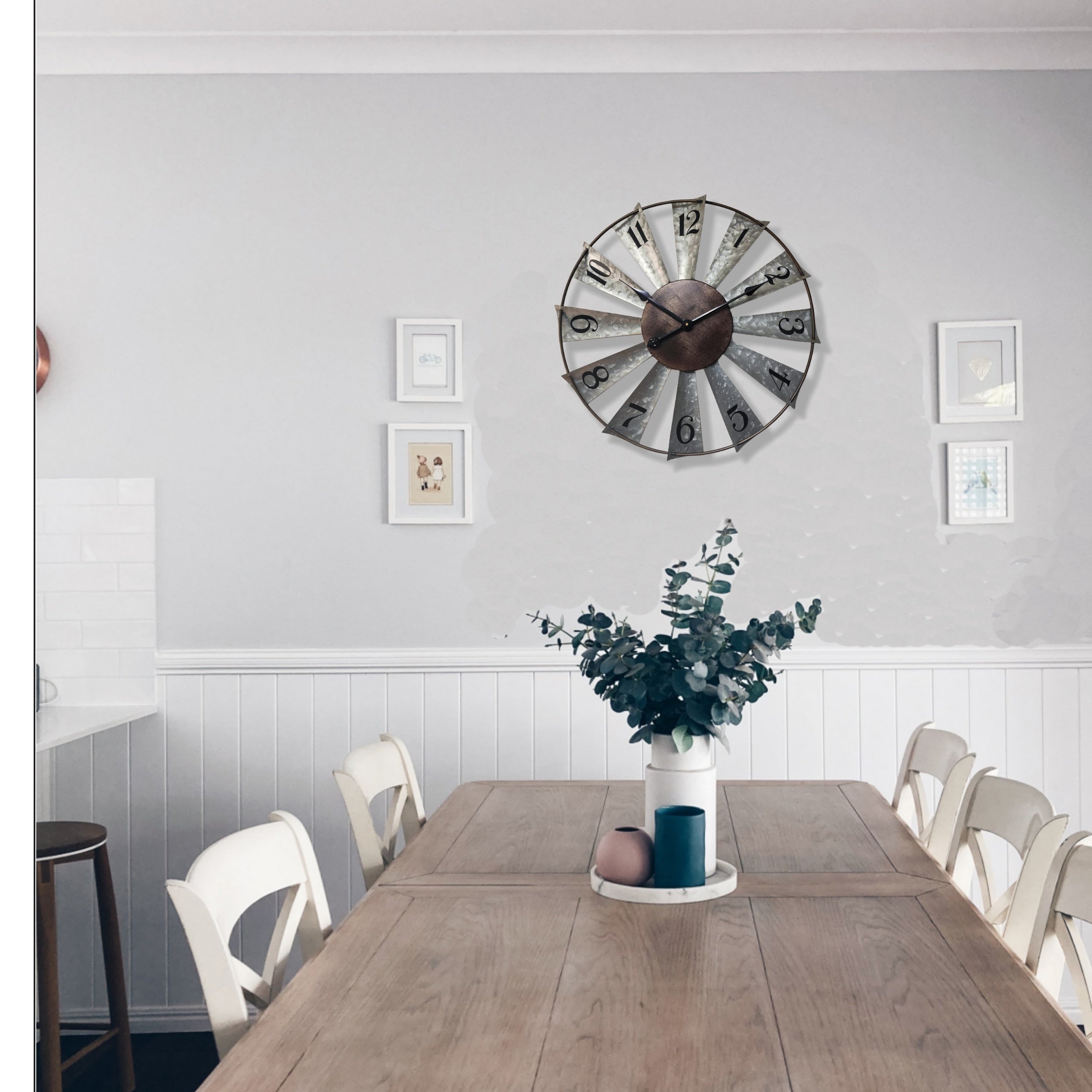 24-Inch Oversized Large Farmhouse Decor Metal Clock - Silent Mechanical Analog Clock With Auto-Shut-Off, Silver Finish, Round Shape, Battery Powered Operation