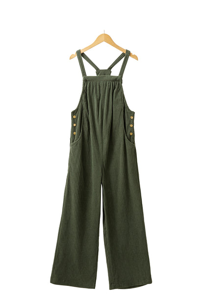 Black solid pocketed loose-fitting corduroy overall.