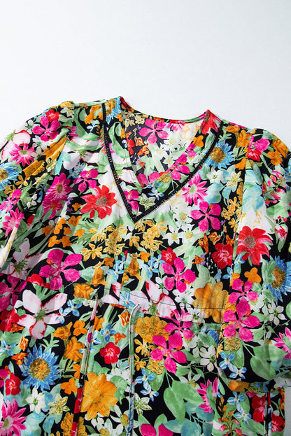 Puff Sleeve V Neck Tassel Drawstring Floral Dress