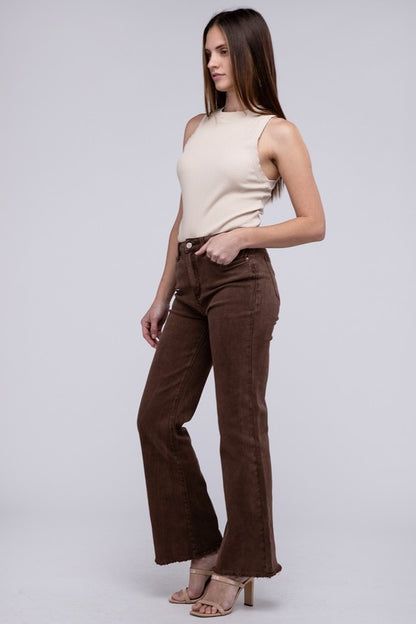 Acid -washed frayed cutoff hem straight wide pants.