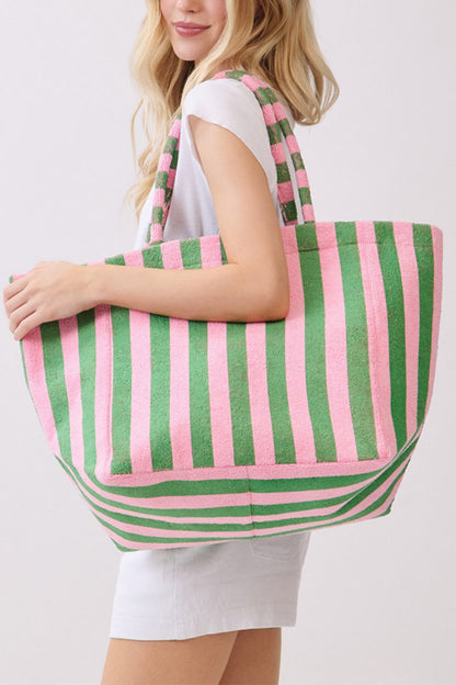 Dark Green Striped Terry Large Beach Tote Bag
