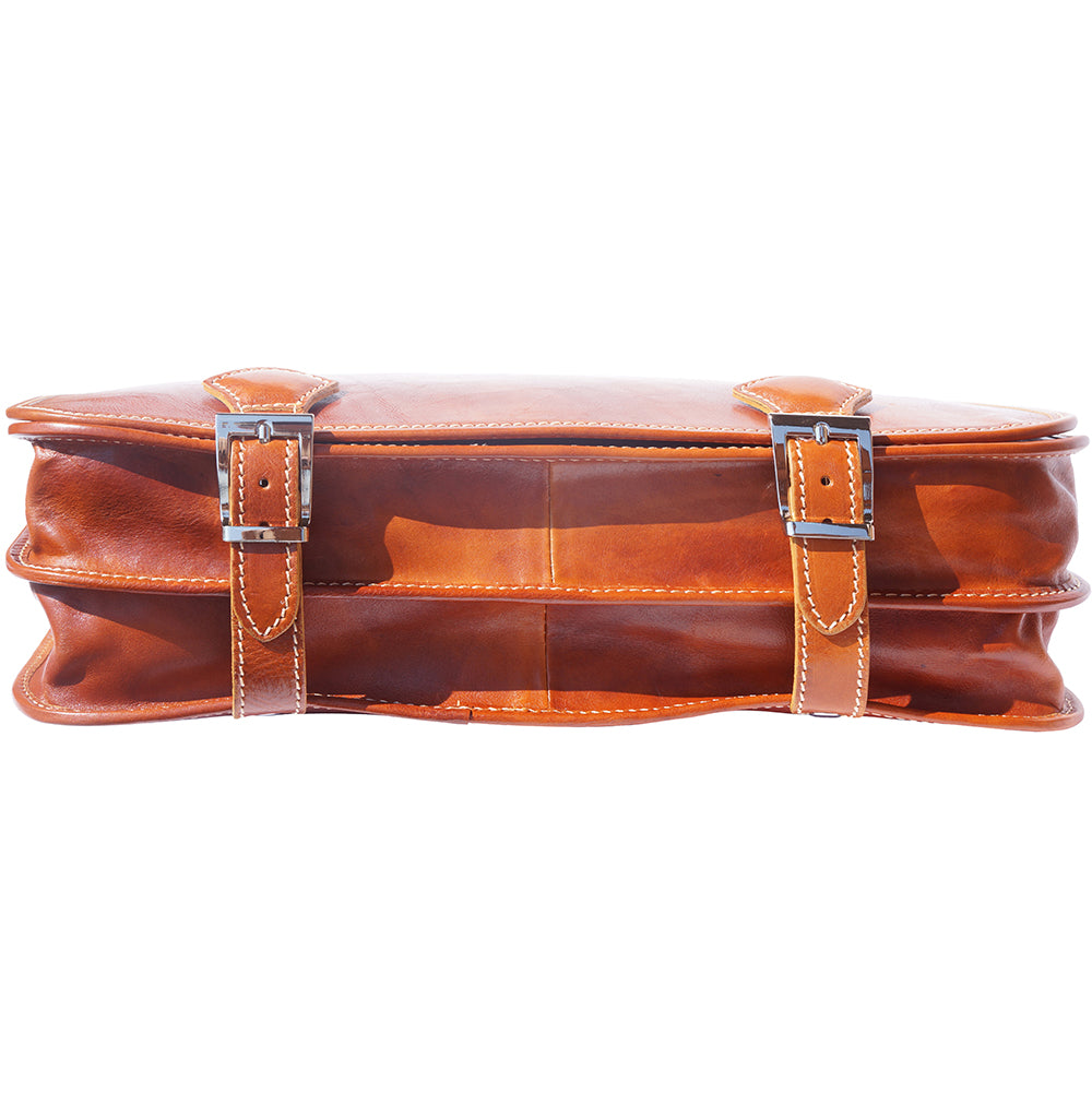 Leather briefcase in two compartments with double pockets on the front - Made In Italy