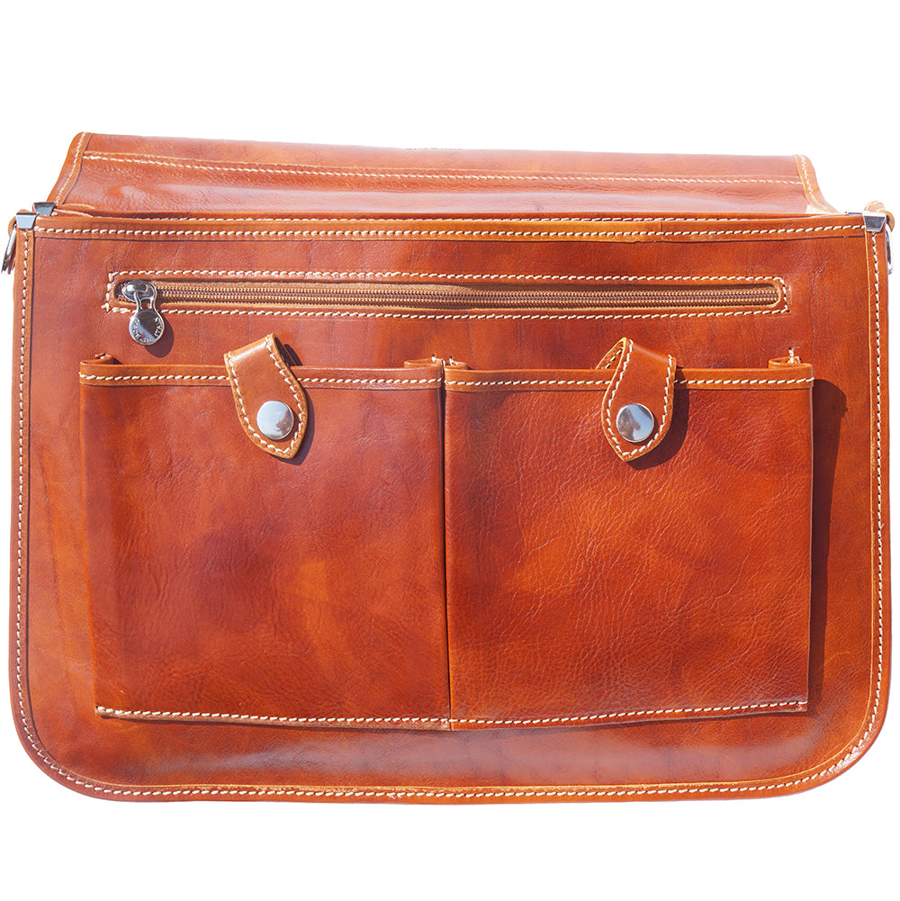 Leather briefcase in two compartments with double pockets on the front - Made In Italy
