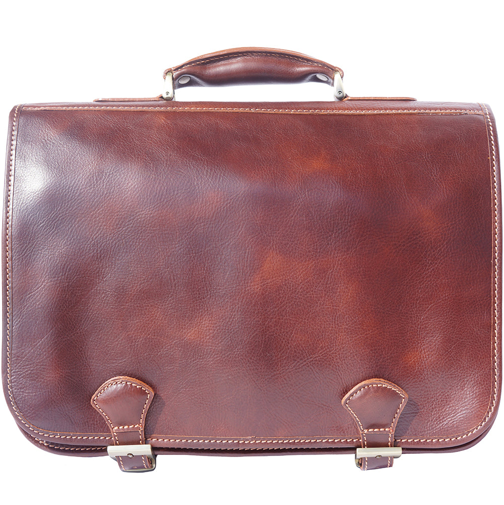 Leather briefcase in two compartments with double pockets on the front - Made In Italy