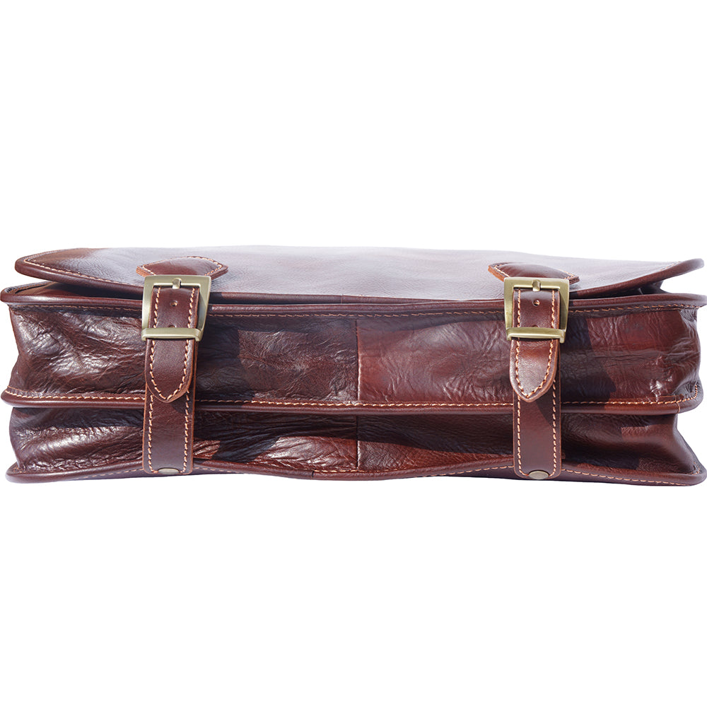 Leather briefcase in two compartments with double pockets on the front - Made In Italy