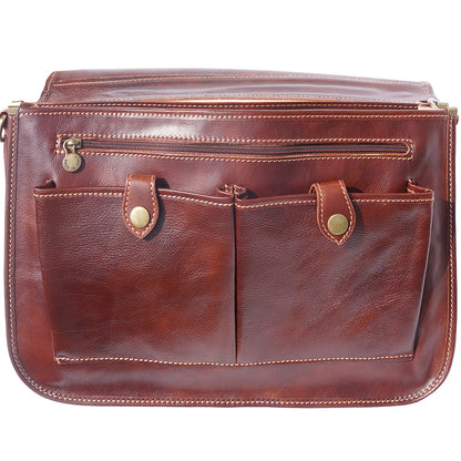 Leather briefcase in two compartments with double pockets on the front - Made In Italy