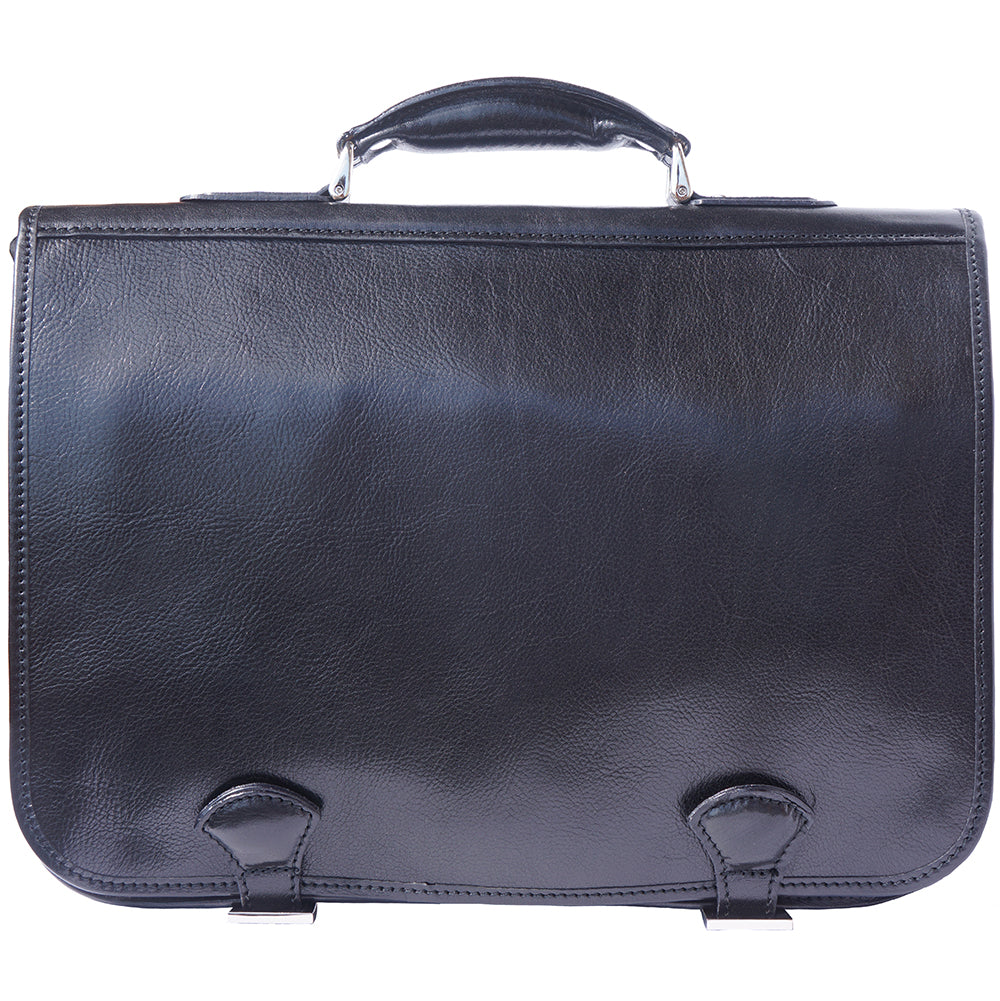 Leather briefcase in two compartments with double pockets on the front - Made In Italy