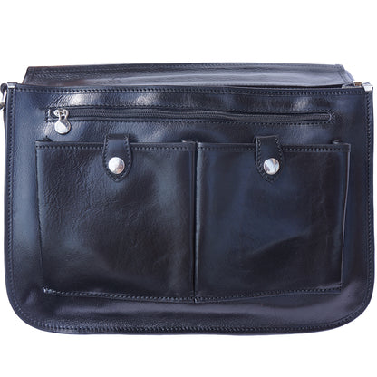 Leather briefcase in two compartments with double pockets on the front - Made In Italy