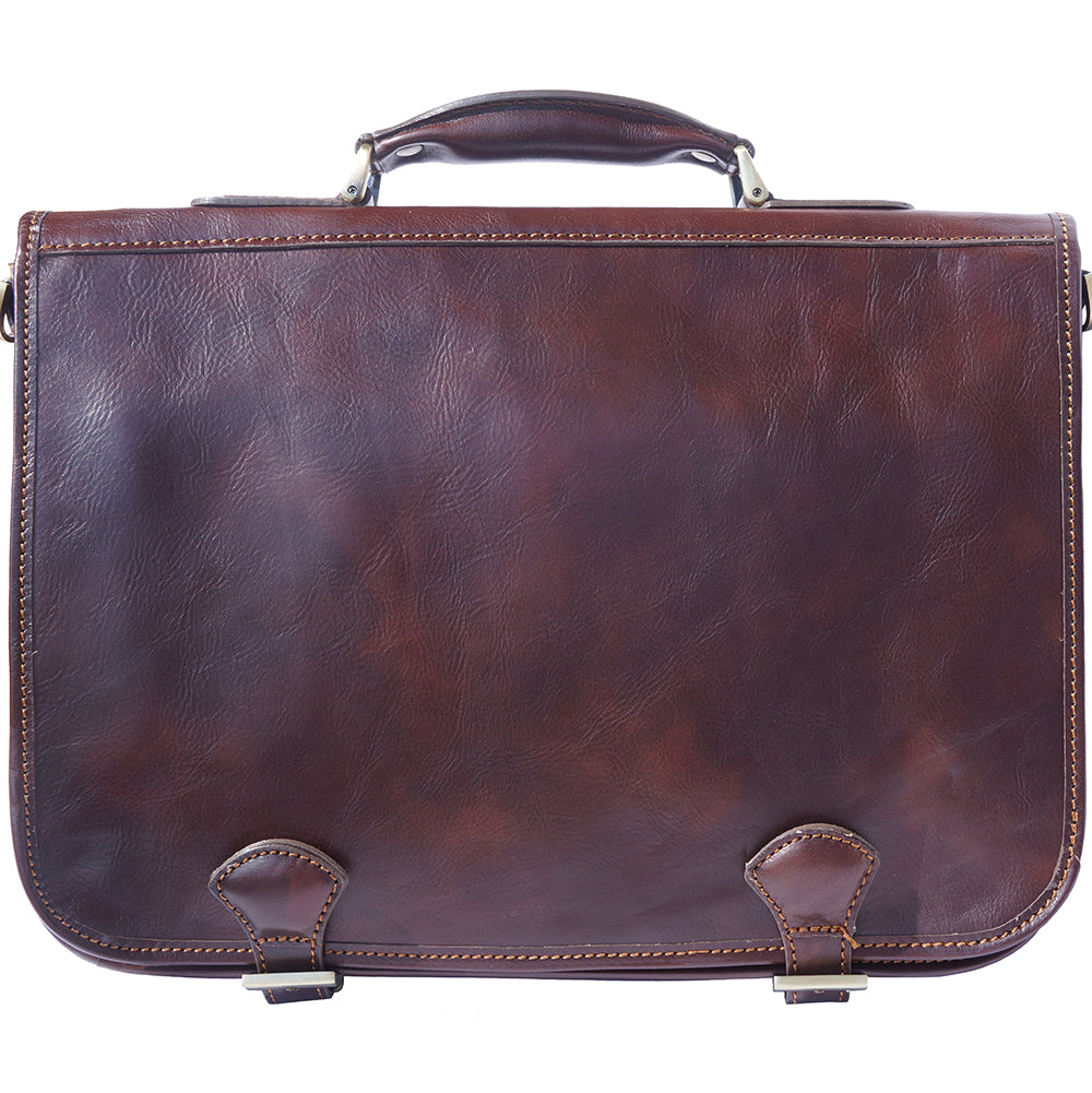 Leather briefcase in two compartments with double pockets on the front - Made In Italy