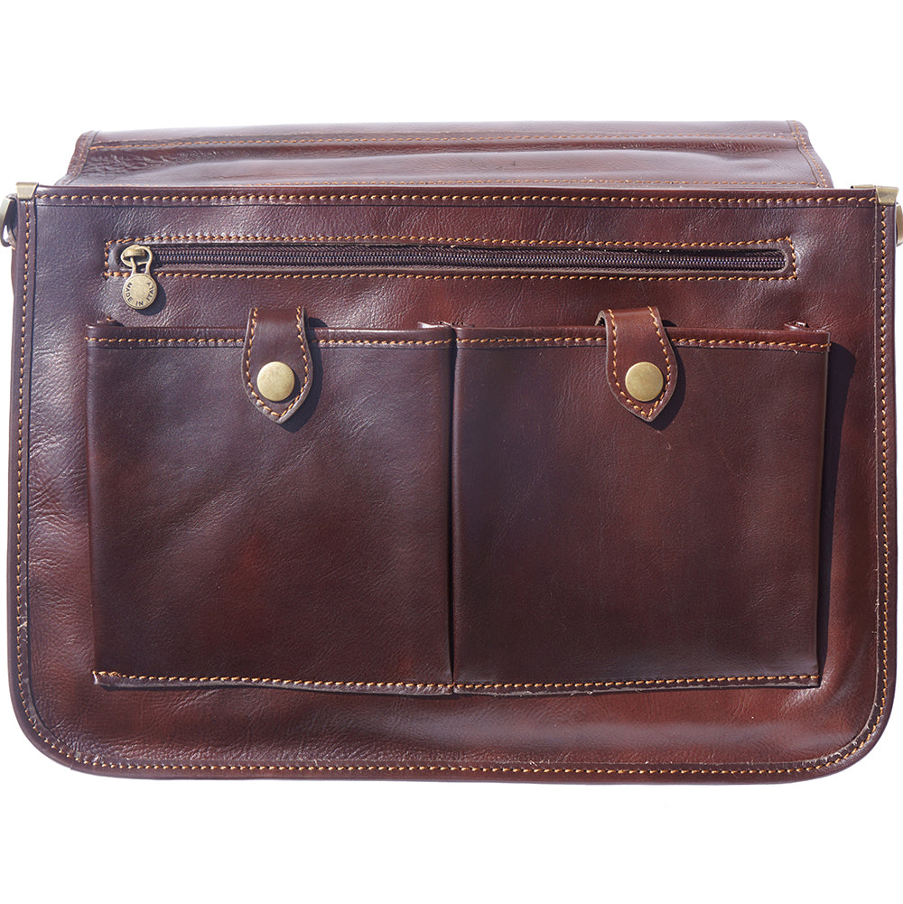 Leather briefcase in two compartments with double pockets on the front - Made In Italy