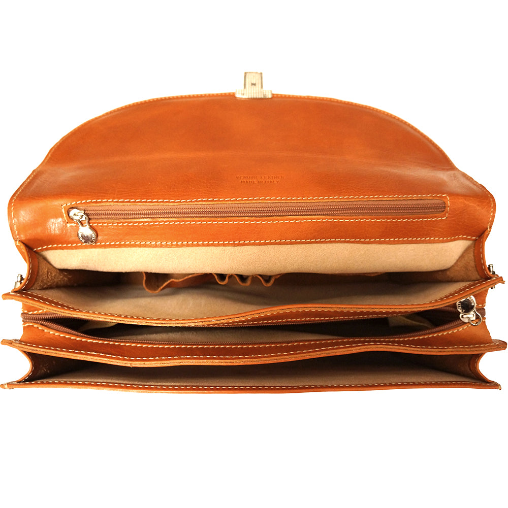 Genuine leather briefcase with three compartments - made in Italy