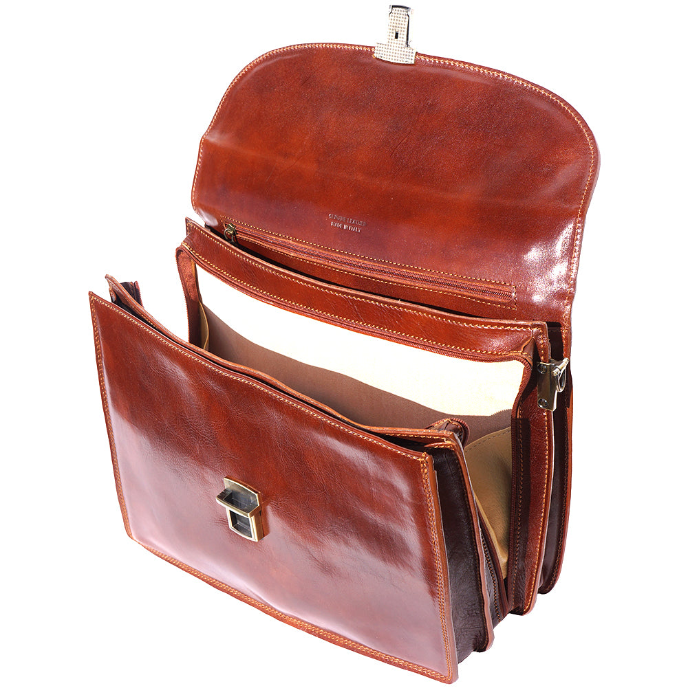 Genuine leather briefcase with three compartments - made in Italy