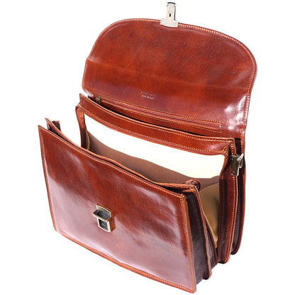 Genuine leather briefcase with three compartments - made in Italy