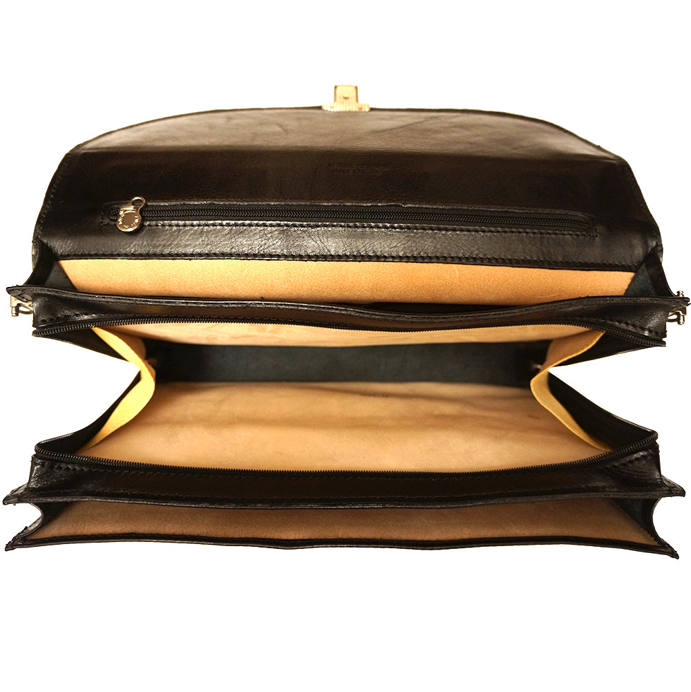 Genuine leather briefcase with three compartments - made in Italy