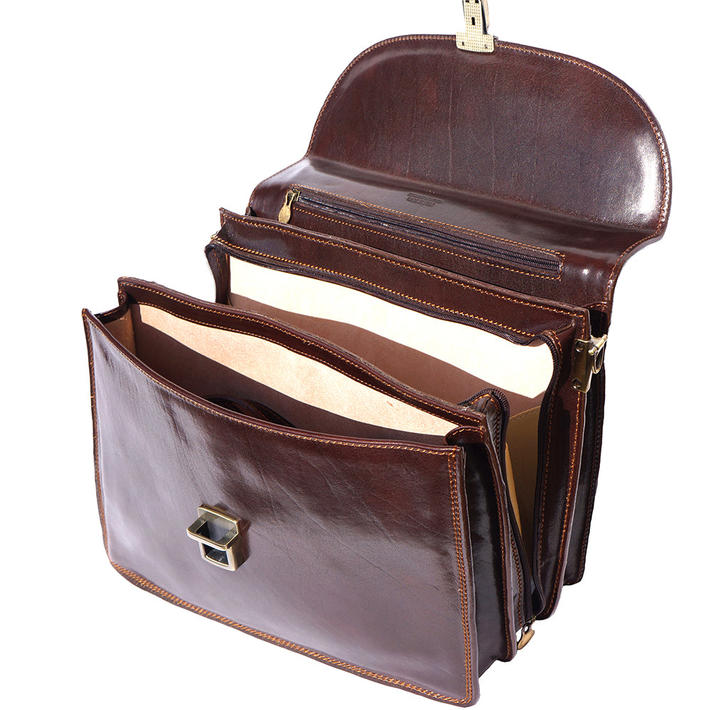 Genuine leather briefcase with three compartments - made in Italy